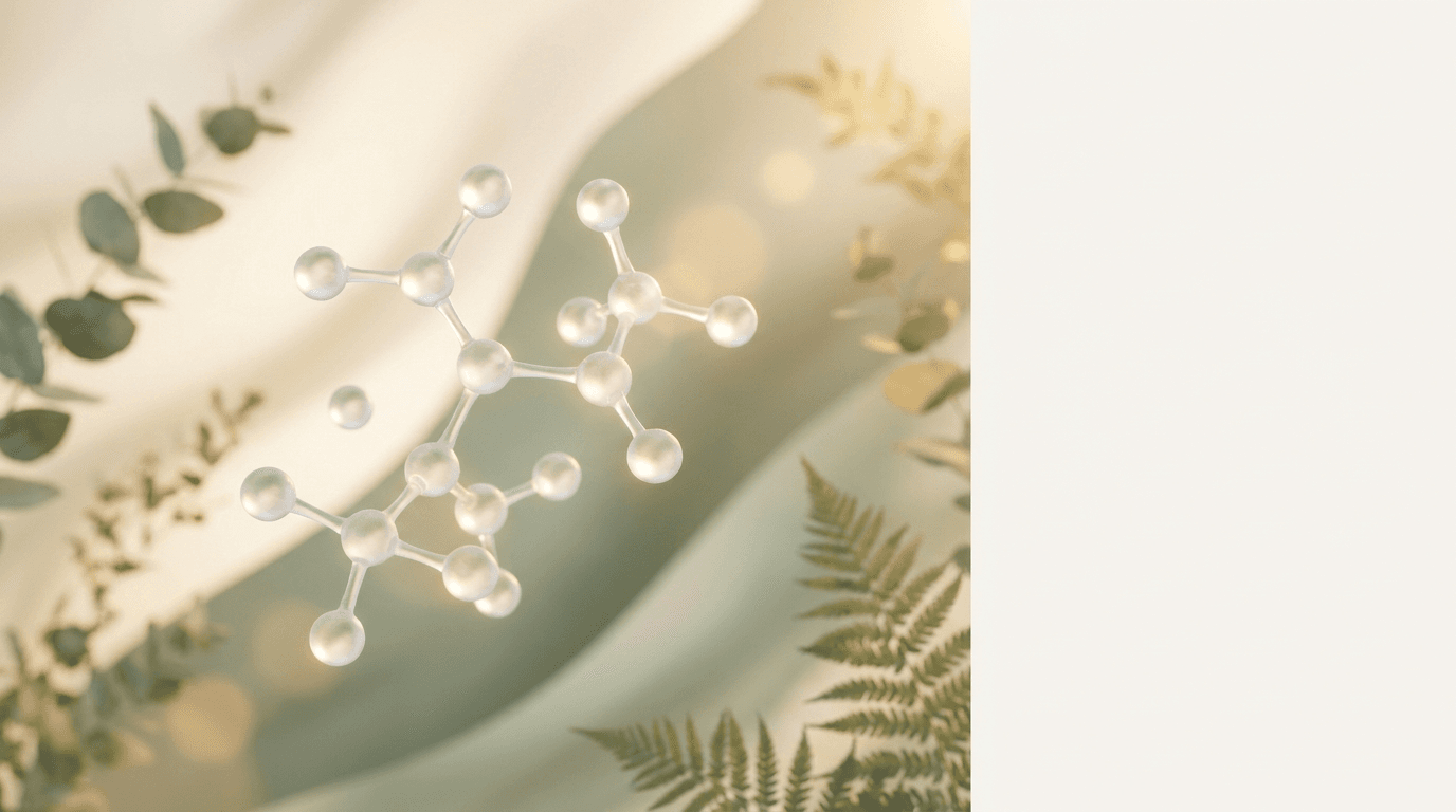 A serene, softly-lit translucent peptide molecule structure floating against a warm cream and sage-green wellness backdrop
